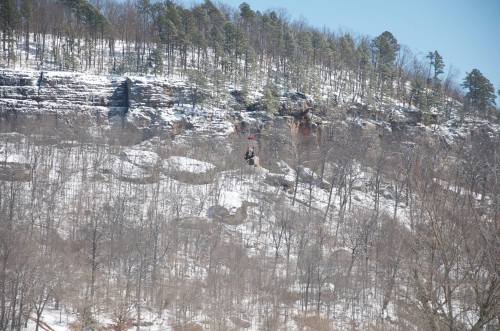 A person zip-lining over a snowy landscape with rocky cliffs and trees in the background.