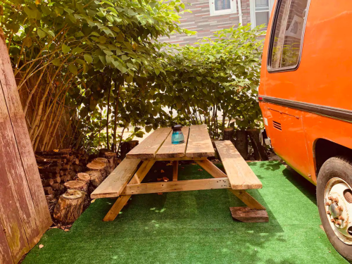 A wooden picnic table surrounded by greenery, next to an orange van on a grassy area.