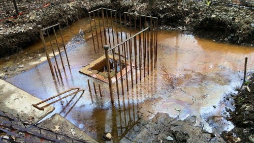 A rusty, water-filled pit surrounded by metal bars, with muddy ground and scattered leaves in a wooded area.