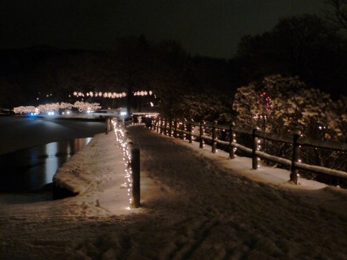 A snowy path lined with twinkling lights, leading alongside a calm, dark waterway at night.