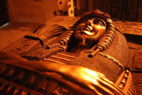 A close-up of a golden sarcophagus with intricate details, depicting a pharaoh's face and ornate headdress.