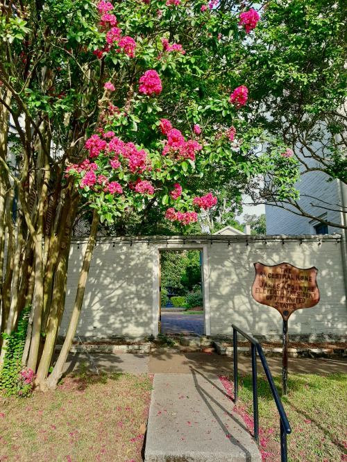 A pathway leads through a garden with pink flowers and a sign for a historical home, framed by lush greenery.
