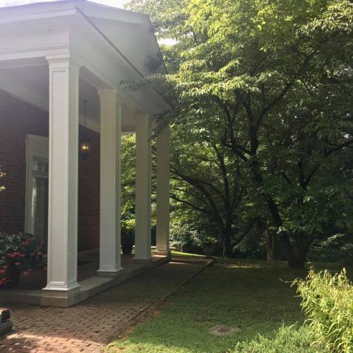 A porch with white columns overlooks a lush green yard and trees in a sunny setting.