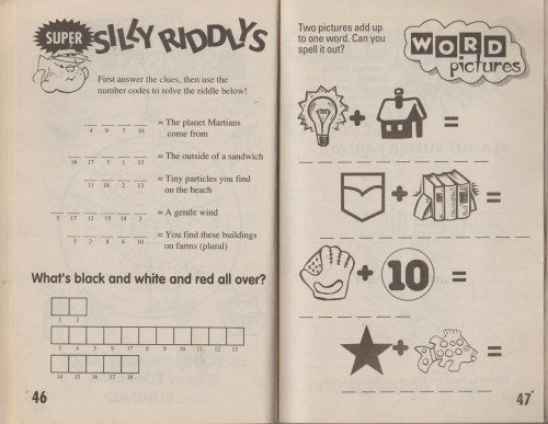 A page from a puzzle book featuring riddles and word pictures with illustrations and number codes.