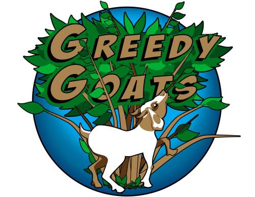 Logo featuring a goat standing under a tree with the words "Greedy Goats" in bold, playful lettering.