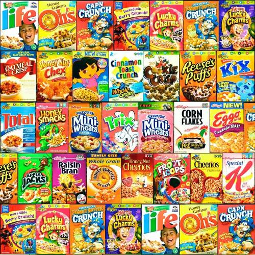 A colorful collage of various cereal boxes, featuring popular brands like Lucky Charms, Trix, and Cap'n Crunch.