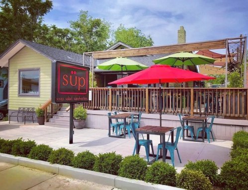 A cozy restaurant with a sign reading "süp," featuring outdoor seating and colorful umbrellas on a sunny day.