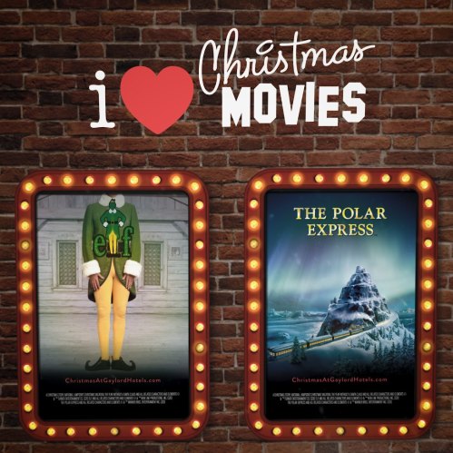 A festive display featuring "I Love Christmas Movies" text and posters for "Elf" and "The Polar Express" on a brick wall.