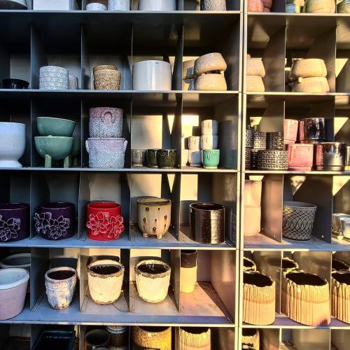 A display of various decorative pots and planters arranged on shelves, showcasing different colors and designs.
