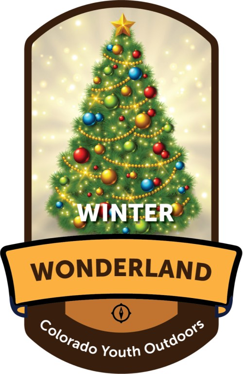 A festive badge featuring a decorated Christmas tree with the text "Winter Wonderland" and "Colorado Youth Outdoors."