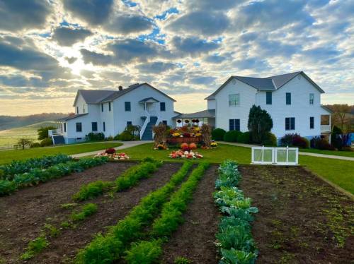 Two white houses on a hillside with a vegetable garden in the foreground and a colorful autumn display in the center.