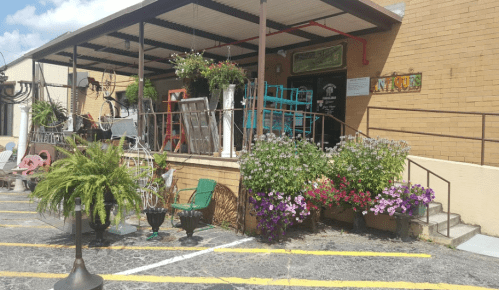 A storefront with potted plants, colorful chairs, and flowers in front, under a sunny sky.