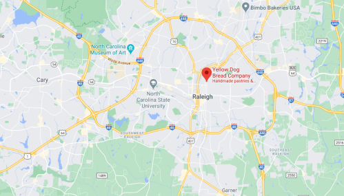 Map showing Raleigh, North Carolina, with a marker for Yellow Dog Bread Company, near North Carolina State University.