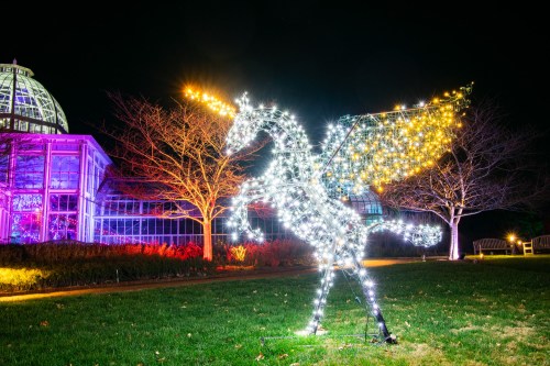 A illuminated unicorn sculpture made of lights stands in a garden at night, with a glass conservatory in the background.