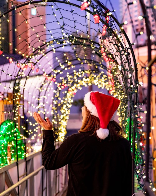 A person in a Santa hat stands under a festive light arch, gesturing with one hand in a joyful atmosphere.