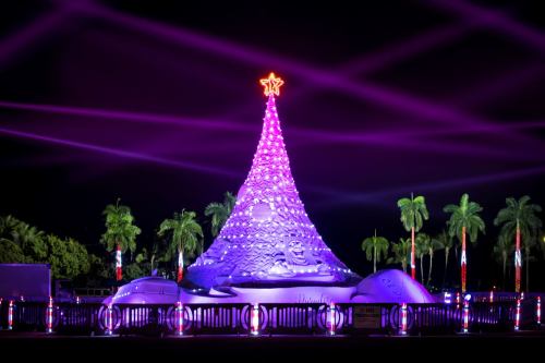 A large, illuminated Christmas tree sculpture with a star on top, surrounded by palm trees and colorful lights at night.