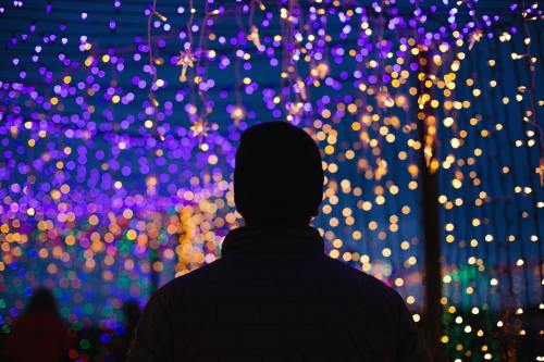 Silhouette of a person in a coat, facing a colorful display of twinkling lights against a dark background.