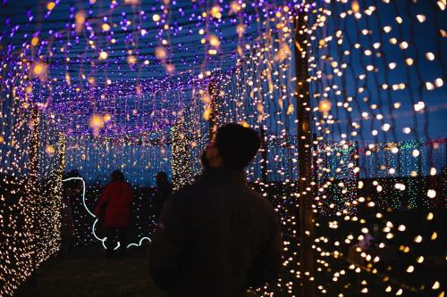 A person gazes up at colorful string lights in a festive outdoor display, with silhouettes of others in the background.