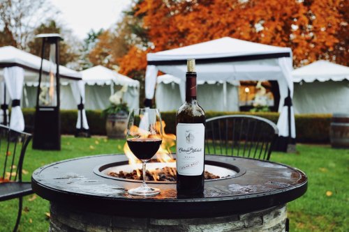 A glass of red wine and a bottle sit on a stone table by a fire pit, with autumn trees and tents in the background.