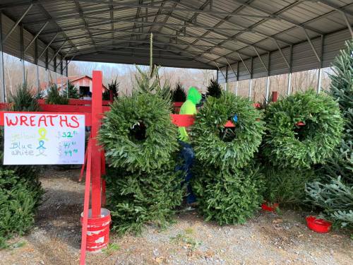 A person in a green hoodie stands among wreaths for sale under a shelter, with prices displayed on a sign.