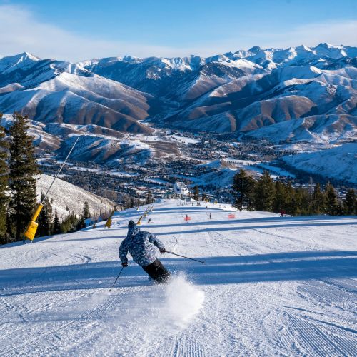 A skier descends a snowy slope with mountains and a valley in the background under a clear blue sky.
