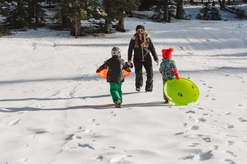 A woman and two children walk through snow, carrying colorful sleds, surrounded by trees in a winter landscape.