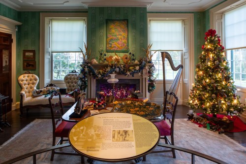 A cozy room decorated for the holidays, featuring a Christmas tree, a harp, and festive decor around a fireplace.