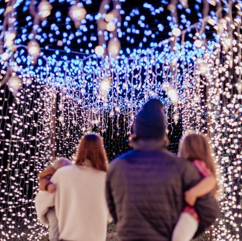 A family stands under a canopy of blue and white fairy lights, creating a magical atmosphere at night.
