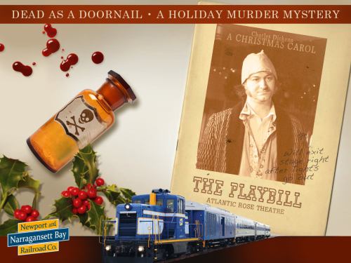 A holiday murder mystery theme featuring a poison bottle, a Playbill for "A Christmas Carol," and a train.