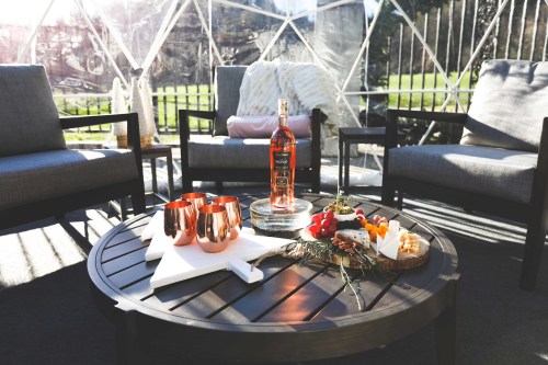 A cozy outdoor seating area with a table featuring wine, snacks, and decorative elements in a clear dome setting.