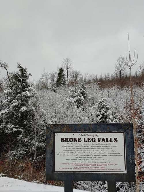 A snowy landscape with evergreen trees and a sign reading "The History of Broke Leg Falls." Overcast sky above.