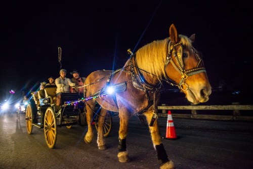 A horse-drawn carriage with passengers illuminated by lights, moving along a dark road with traffic cones nearby.