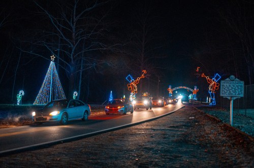 Cars drive through a festive display of colorful holiday lights, featuring trees and snowmen, on a dark night.