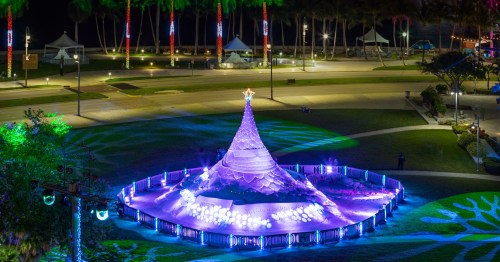 A brightly lit, purple and white Christmas tree stands in a park, surrounded by festive decorations and palm trees.