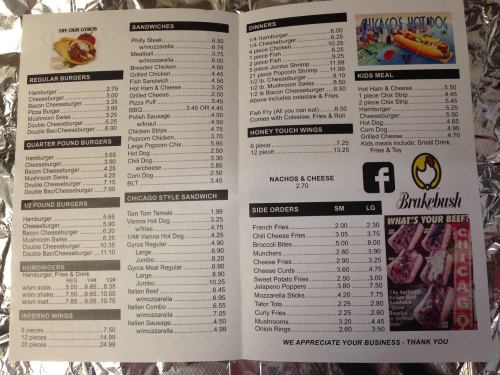 Menu featuring burgers, sandwiches, dinners, kids meals, and sides with prices listed. Thank you for your business!