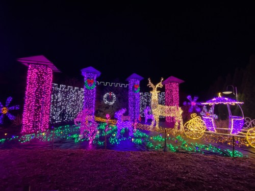 Colorful holiday lights illuminate a festive scene with reindeer, a carriage, and decorative pillars against a dark night sky.