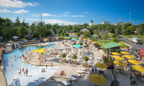 A vibrant water park scene with pools, sun loungers, umbrellas, and people enjoying the sunny day.