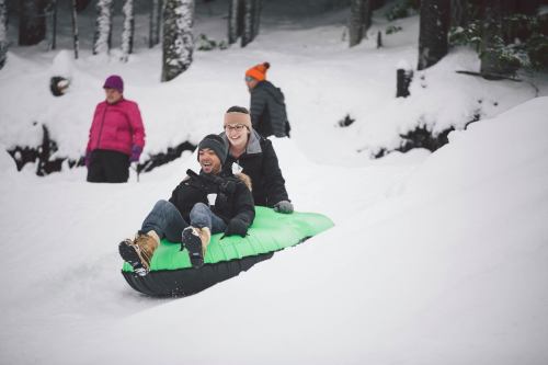 Two people joyfully sledding down a snowy hill, surrounded by trees and other people enjoying the winter scenery.