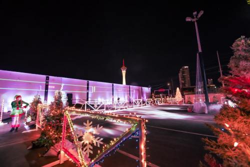 A festive outdoor scene with Christmas lights, trees, and decorations, featuring a tower in the background at night.