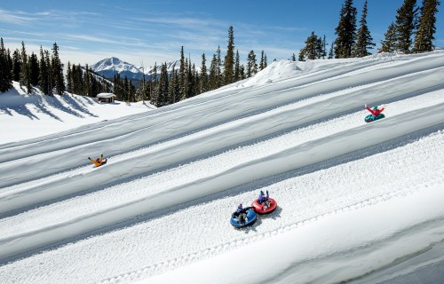 Four people tubing down snowy slopes with trees and mountains in the background under a clear blue sky.