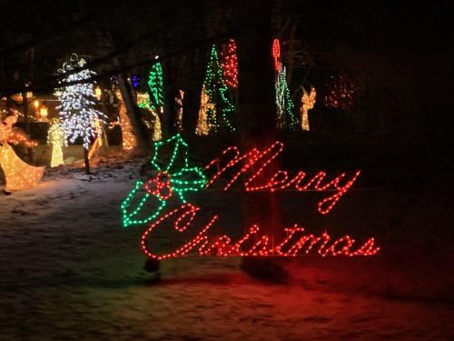 Colorful Christmas lights display featuring a "Merry Christmas" sign with holly leaves in a snowy setting.