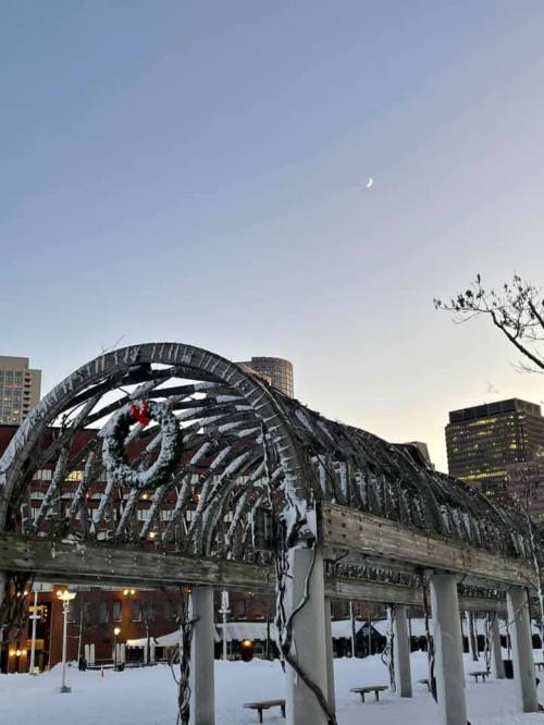A snowy park scene featuring a wooden archway adorned with a wreath, with city buildings and a crescent moon in the background.