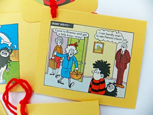 A cartoon shows a woman in a blue dress greeting a boy, while another man in a red suit looks on, humorously surprised.