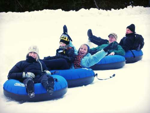 A group of five people sitting on blue snow tubes, smiling and enjoying a snowy landscape.