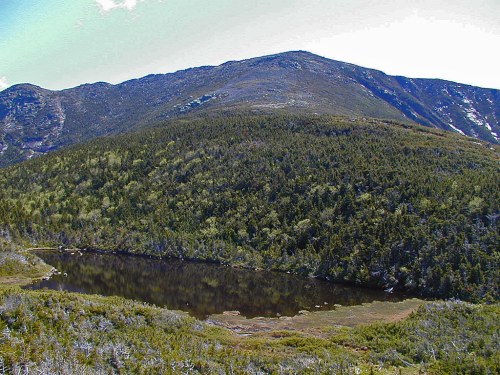 A serene mountain landscape featuring a calm lake surrounded by lush greenery and rolling hills under a clear sky.