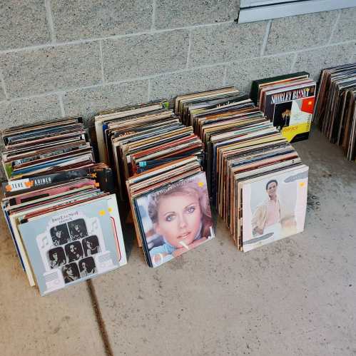 A collection of vinyl records displayed on the ground, featuring various album covers and price tags.