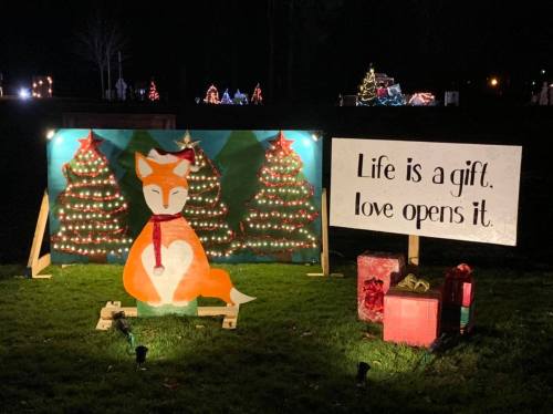 A festive display featuring a fox with lights, surrounded by Christmas trees and a sign that reads, "Life is a gift, love opens it."