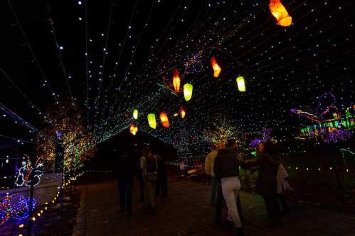 A festive pathway illuminated with colorful lights and lanterns, with people walking through a winter wonderland.