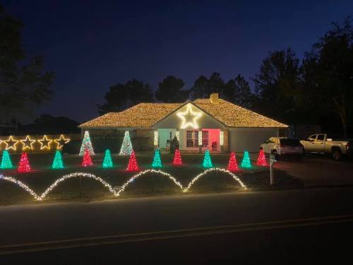 A house decorated with colorful Christmas lights, featuring trees and stars, set against a night sky.