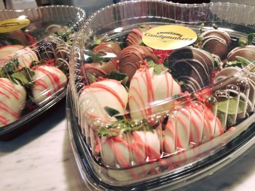 Two heart-shaped trays filled with chocolate-covered strawberries, drizzled with white and red chocolate.